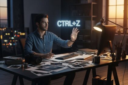 A wide shot of a creative studio space at the "golden hour