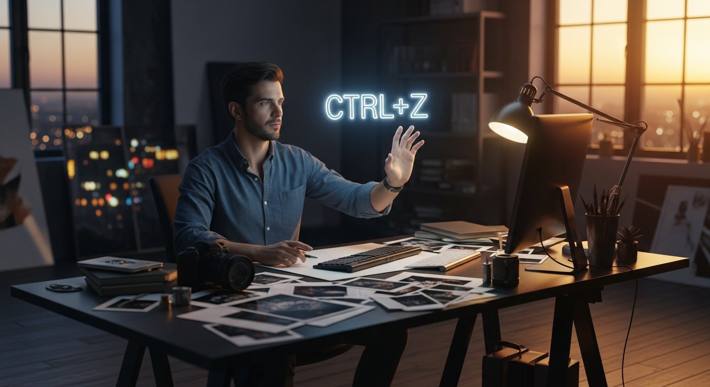 A wide shot of a creative studio space at the "golden hour