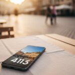wide shot of a creative nomad sitting at a rustic wooden cafe table in a sun-drenched European plaza; a Samsung Galaxy A13 rests on a linen tablecloth