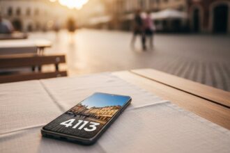wide shot of a creative nomad sitting at a rustic wooden cafe table in a sun-drenched European plaza; a Samsung Galaxy A13 rests on a linen tablecloth