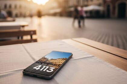 wide shot of a creative nomad sitting at a rustic wooden cafe table in a sun-drenched European plaza; a Samsung Galaxy A13 rests on a linen tablecloth