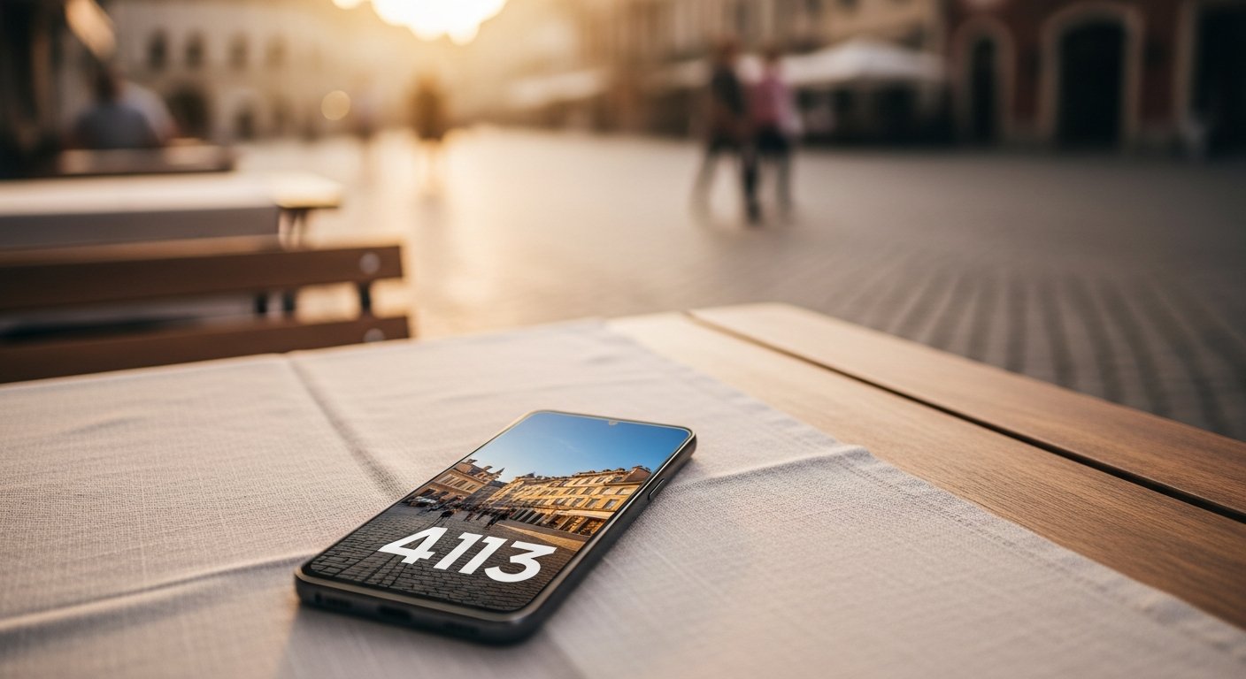 wide shot of a creative nomad sitting at a rustic wooden cafe table in a sun-drenched European plaza; a Samsung Galaxy A13 rests on a linen tablecloth
