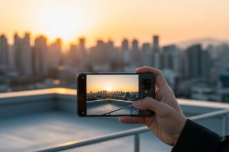 wide shot of a tech-savvy creative professional standing on a minimalist