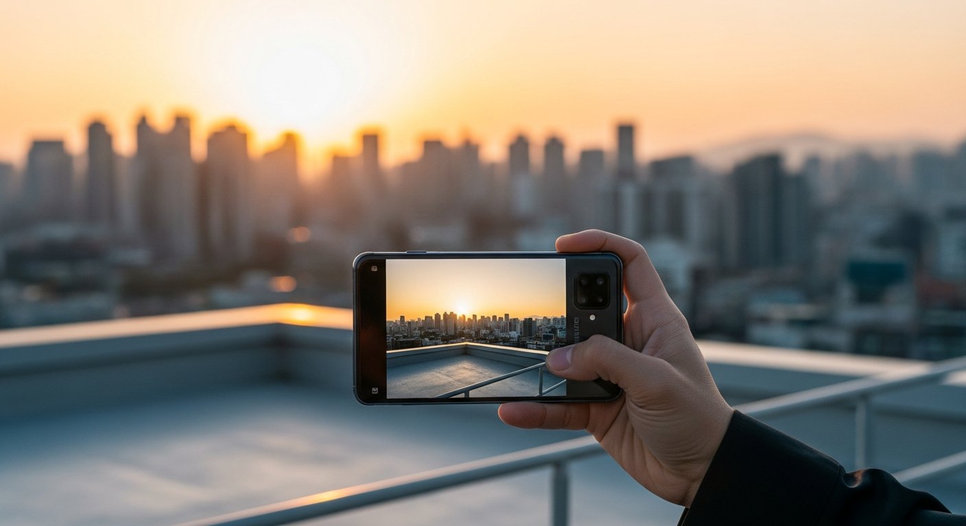 wide shot of a tech-savvy creative professional standing on a minimalist