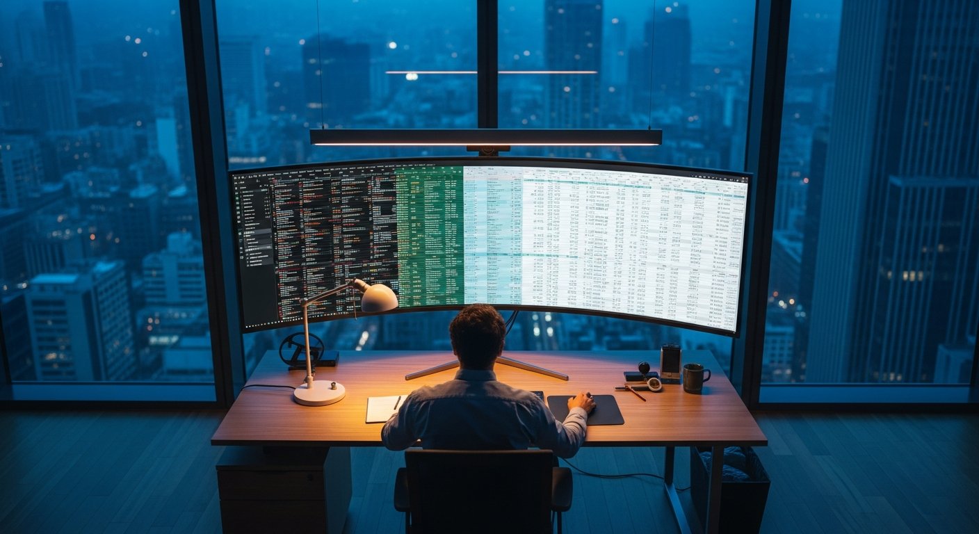 A wide shot from a high angle inside a modern