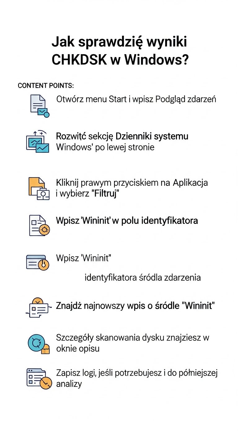 Infografika: Jak odczytać logi z działania CHKDSK w podglądzie zdarzeń systemu Windows?