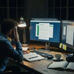 A wide shot of a stressed professional in a dimly lit