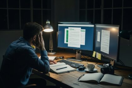 A wide shot of a stressed professional in a dimly lit