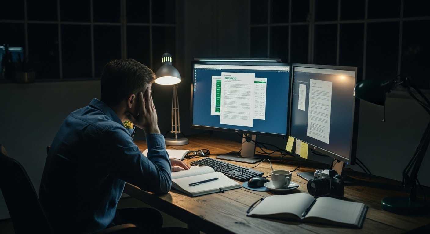 A wide shot of a stressed professional in a dimly lit