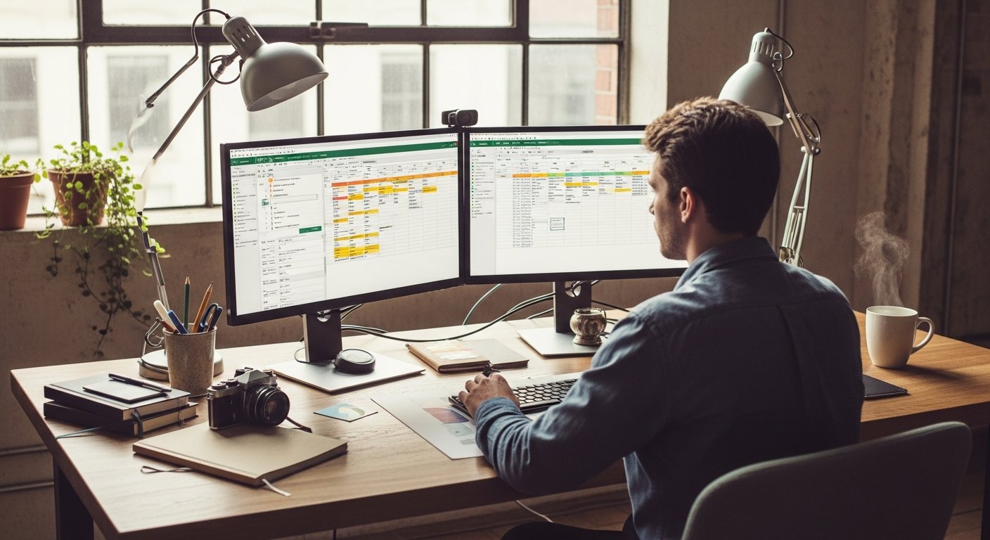 wide shot of a creative workspace bathed in soft