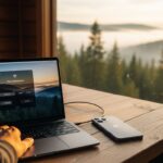 A wide shot of a creative digital nomad working from a rustic wooden cabin table overlooking a misty pine forest in the Pacific Northwest at golden hour. On the table sits an open high-end laptop with a 'Personal Hotspot' interface visible on the screen