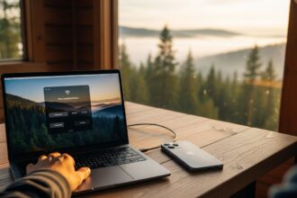 A wide shot of a creative digital nomad working from a rustic wooden cabin table overlooking a misty pine forest in the Pacific Northwest at golden hour. On the table sits an open high-end laptop with a 'Personal Hotspot' interface visible on the screen