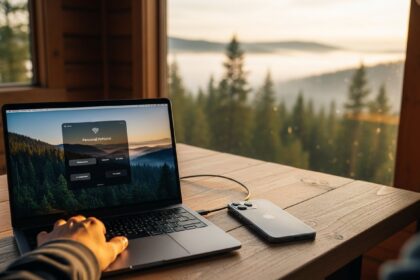 A wide shot of a creative digital nomad working from a rustic wooden cabin table overlooking a misty pine forest in the Pacific Northwest at golden hour. On the table sits an open high-end laptop with a 'Personal Hotspot' interface visible on the screen