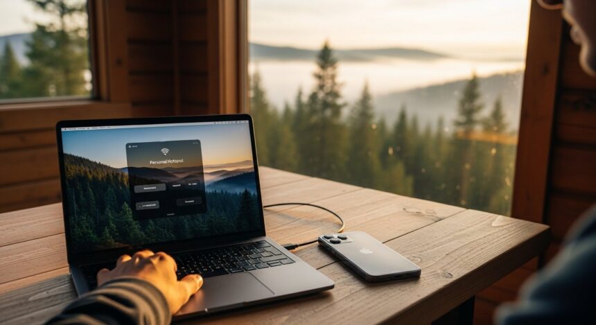 A wide shot of a creative digital nomad working from a rustic wooden cabin table overlooking a misty pine forest in the Pacific Northwest at golden hour. On the table sits an open high-end laptop with a 'Personal Hotspot' interface visible on the screen