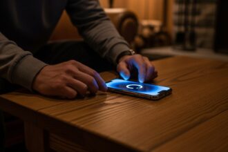 wide shot of a traveler sitting in a dimly lit