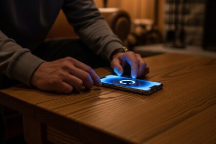 wide shot of a traveler sitting in a dimly lit