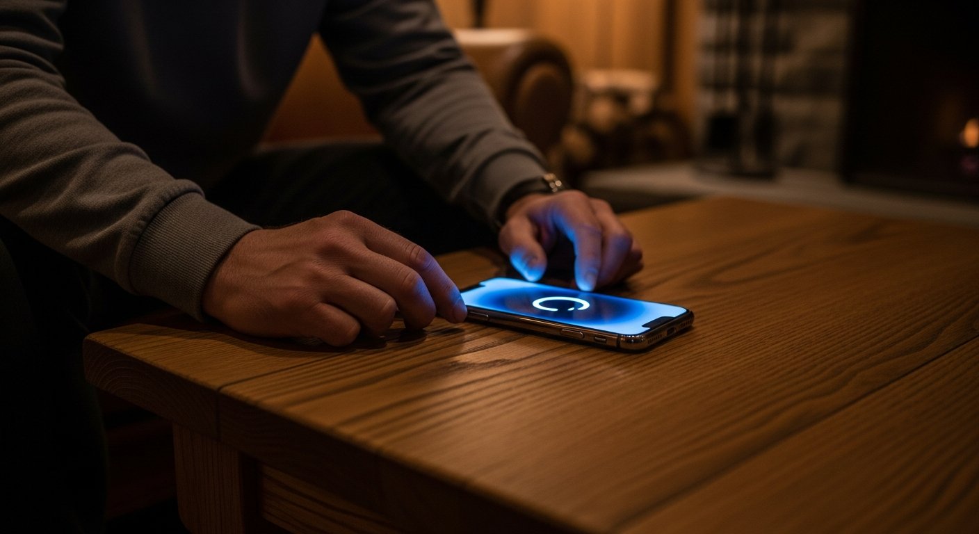 wide shot of a traveler sitting in a dimly lit