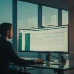 wide shot of a high-end minimalist office workspace at dusk