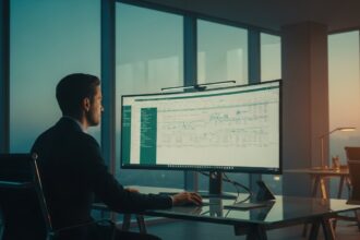 wide shot of a high-end minimalist office workspace at dusk