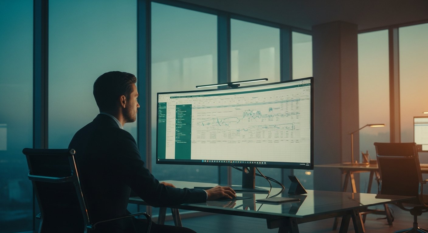 wide shot of a high-end minimalist office workspace at dusk