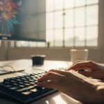 wide shot from the perspective of a creative director’s workspace; a sun-drenched