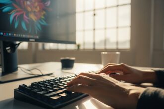 wide shot from the perspective of a creative director’s workspace; a sun-drenched
