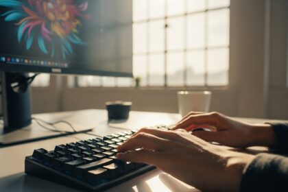 wide shot from the perspective of a creative director’s workspace; a sun-drenched