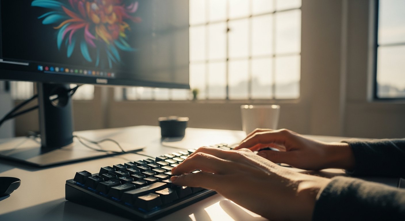 wide shot from the perspective of a creative director’s workspace; a sun-drenched
