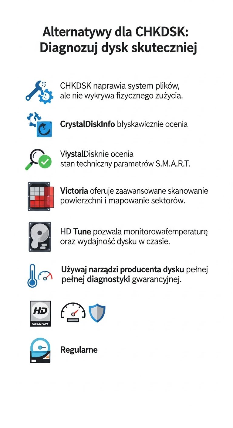 Infografika: Jakie alternatywne narzędzia do diagnostyki dysku warto stosować obok CHKDSK?