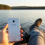 A wide shot capturing a travel photographer sitting on a weathered wooden pier at golden hour