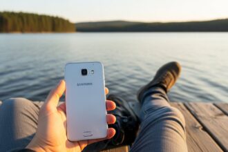 A wide shot capturing a travel photographer sitting on a weathered wooden pier at golden hour