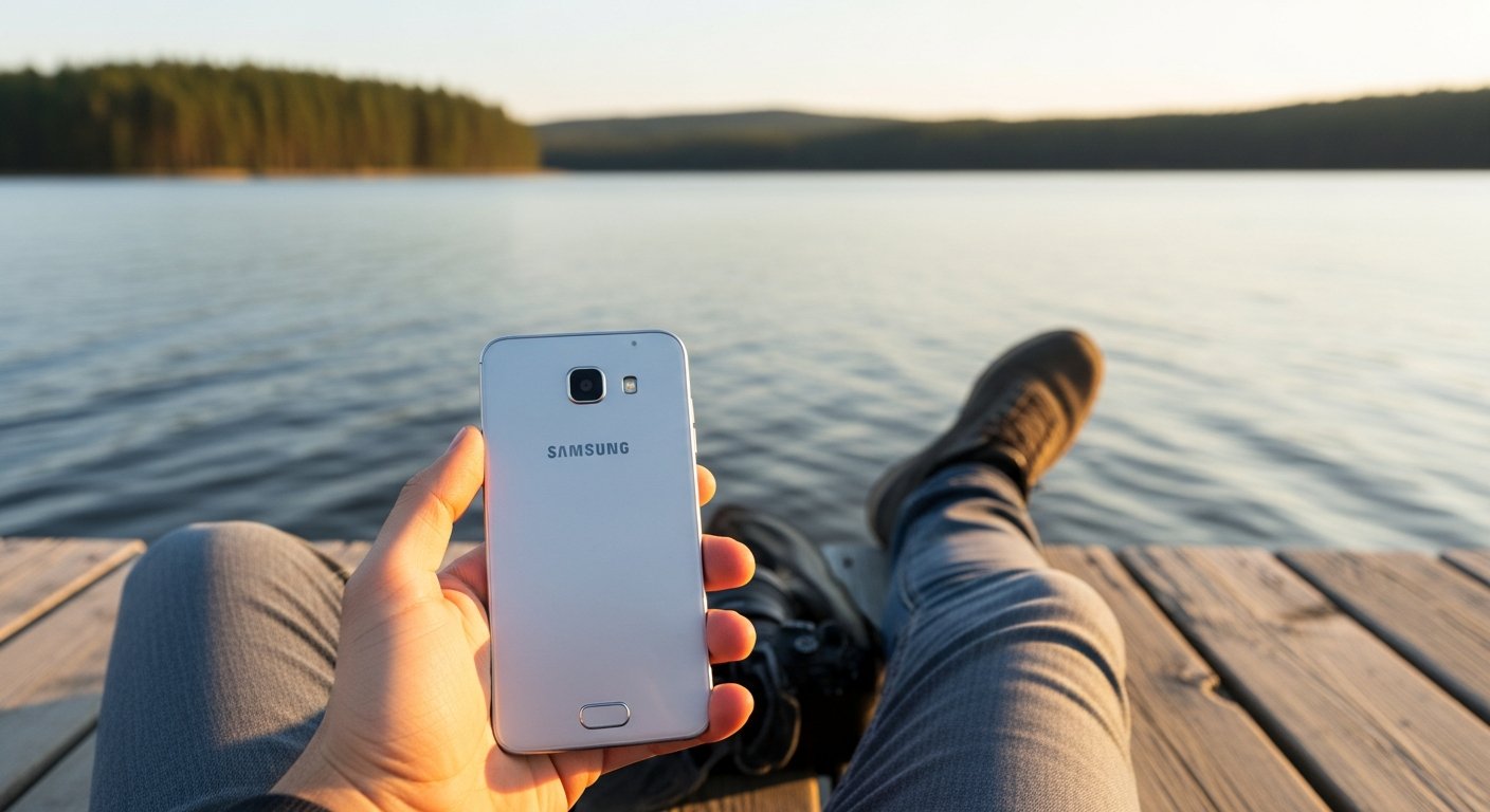 A wide shot capturing a travel photographer sitting on a weathered wooden pier at golden hour