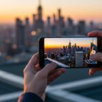 A wide-shot capturing a dynamic urban professional standing on a high-contrast rooftop at golden hour; the subject is holding a sleek Samsung Galaxy smartphone
