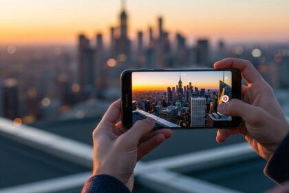 A wide-shot capturing a dynamic urban professional standing on a high-contrast rooftop at golden hour; the subject is holding a sleek Samsung Galaxy smartphone