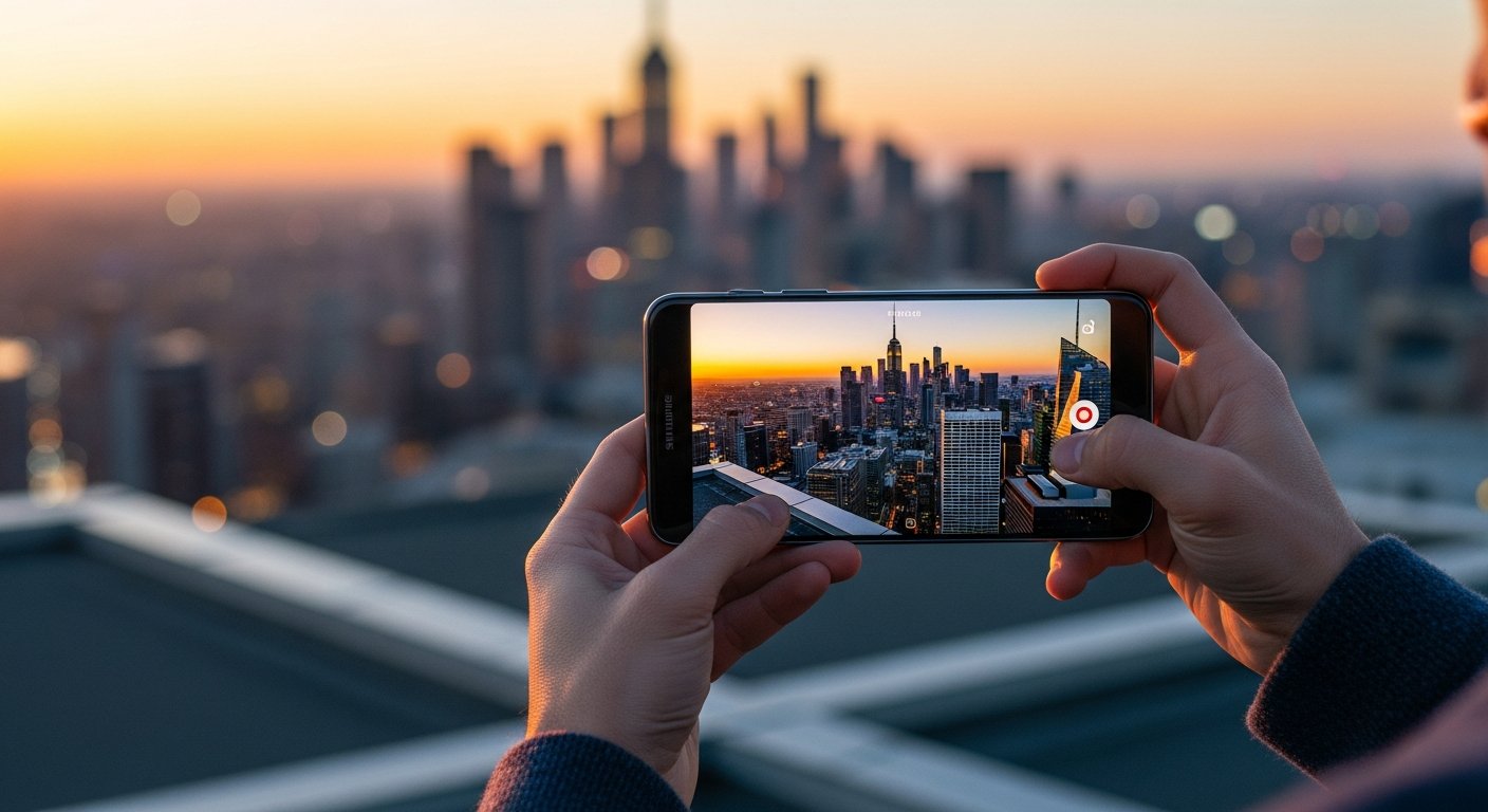 A wide-shot capturing a dynamic urban professional standing on a high-contrast rooftop at golden hour; the subject is holding a sleek Samsung Galaxy smartphone