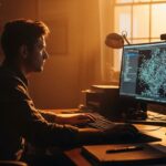 A wide shot of a creative studio workspace at dusk