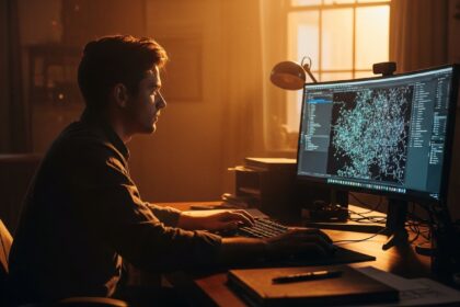 A wide shot of a creative studio workspace at dusk