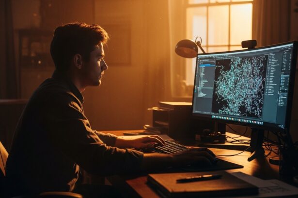 A wide shot of a creative studio workspace at dusk