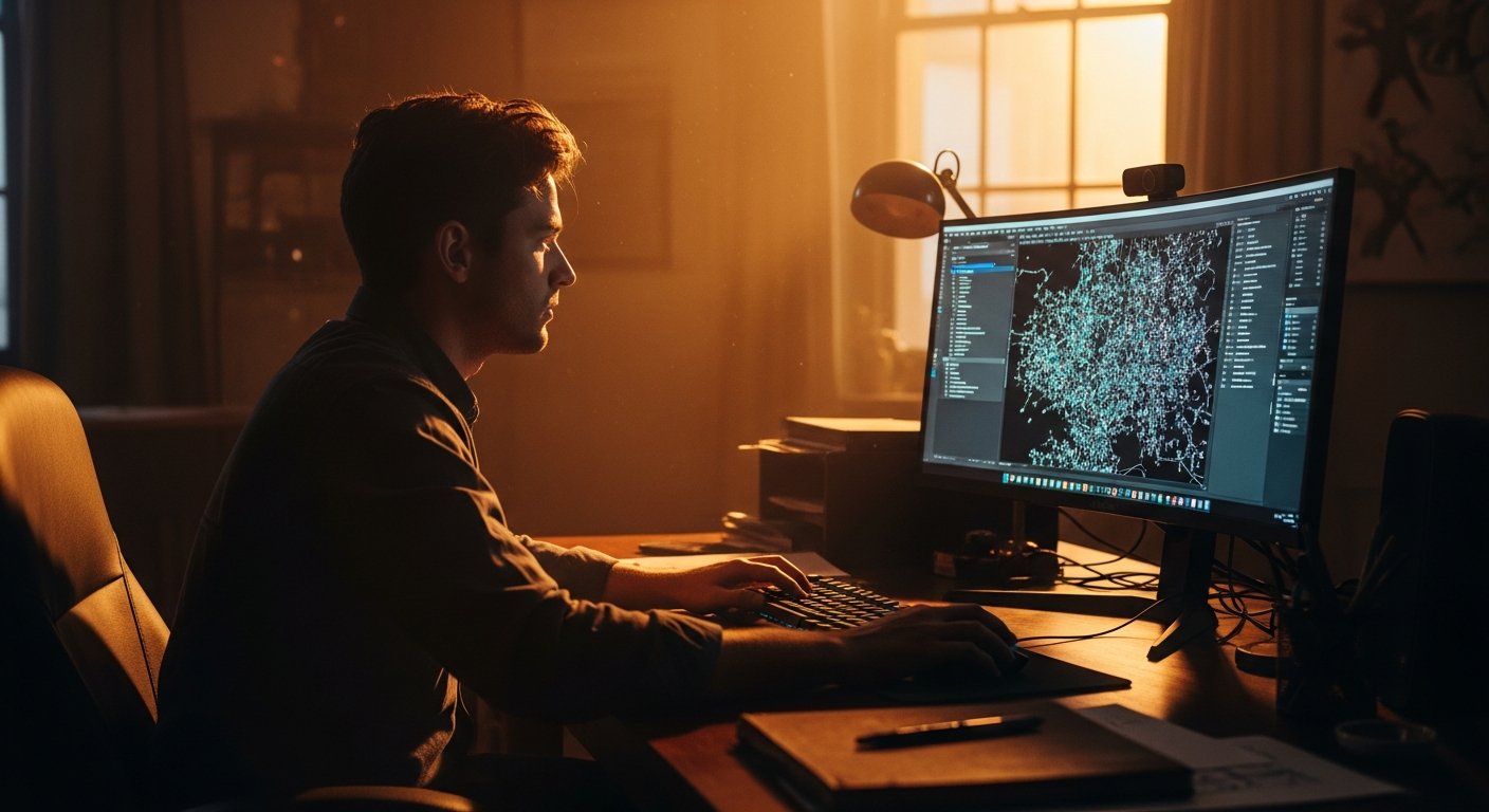 A wide shot of a creative studio workspace at dusk