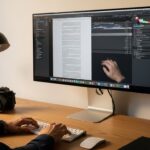 A wide shot of a creative workspace bathed in the soft