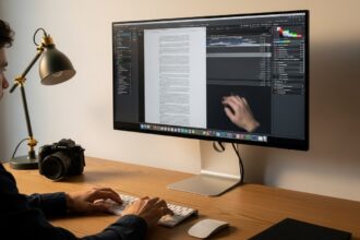 A wide shot of a creative workspace bathed in the soft