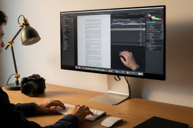 A wide shot of a creative workspace bathed in the soft