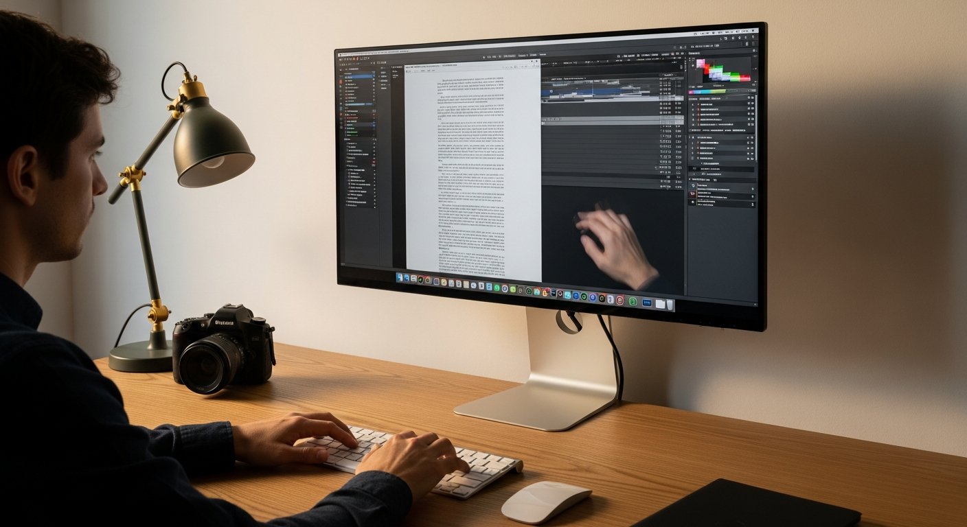 A wide shot of a creative workspace bathed in the soft
